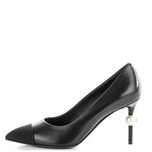 CHANEL Black Goatskin Leather w/ Black Grosgrain Cap Toe Pearl 65mm Pump Size 41